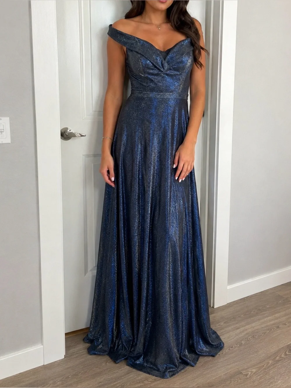 Off-Shoulder Navy Blue Sparkle Evening Gown - size 36 - Picture 1 of 8